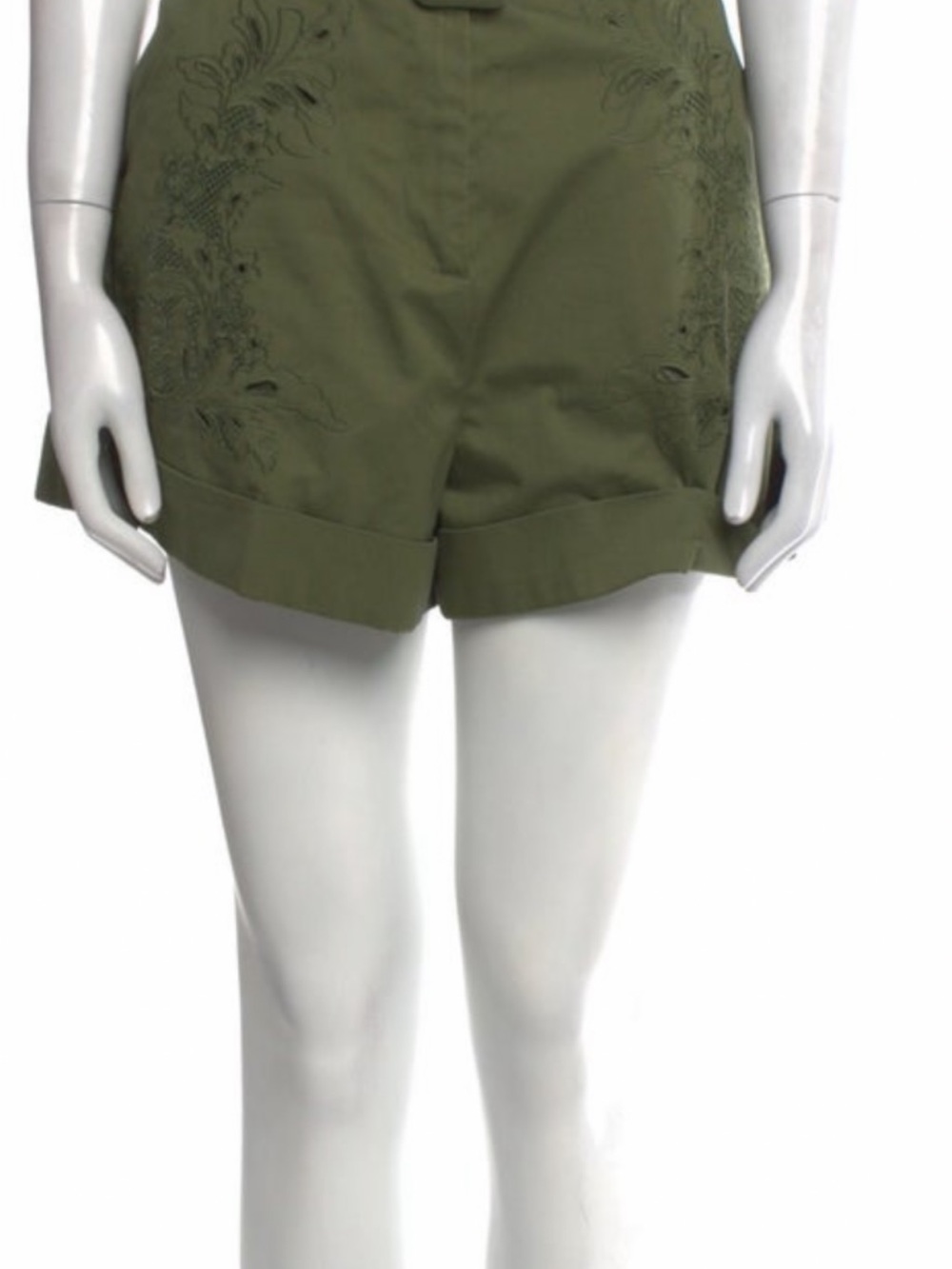 Self-Portrait Olive Embroidered High-Waist Cuffed Shorts